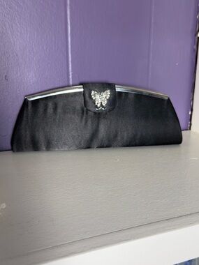 Tova black satin evening clutch/bag w/crystal butterfly accent Women’s purses